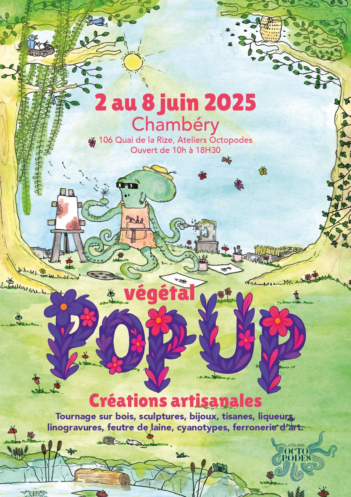 Affiche de l'évenement de boutique éphémère, illustration en aquarelle représentant une pieuvre habillée en jardinier et en train de peindre, au milieu d'un paysage bucolique, arbres et herbe, petites fleurs